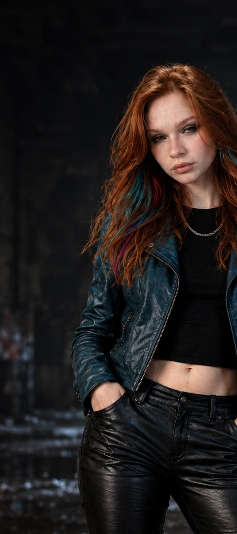Portrait of red-haired female singer Vira L. (NoCodeGirl), alternative digital rock artist in leather jacket, VIRA404 Official